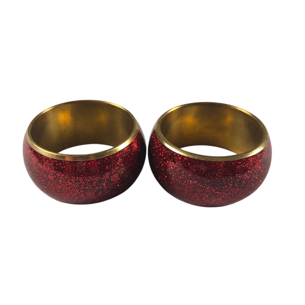 Vintage Robert Stanley Red Glitter Brass Napkin Rings Set of 2 Christmas Decor